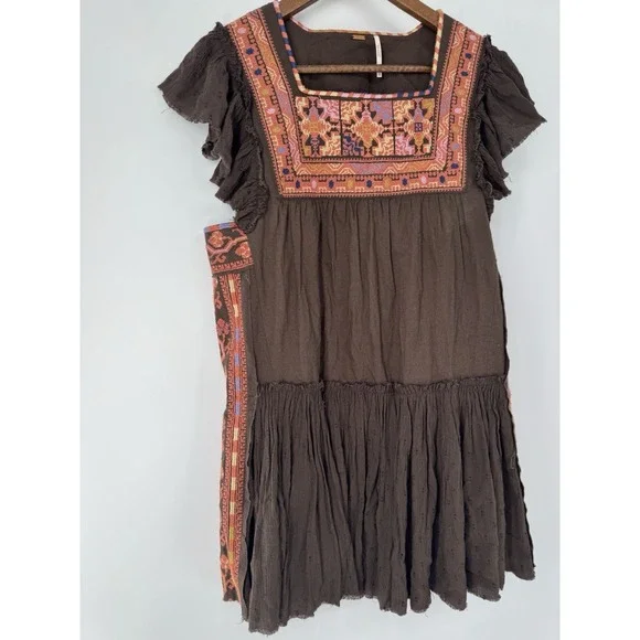 Free People Day Glow Embroidered Mini Dress Bitter Olive Brown XS Boho festival - Picture 2 of 7